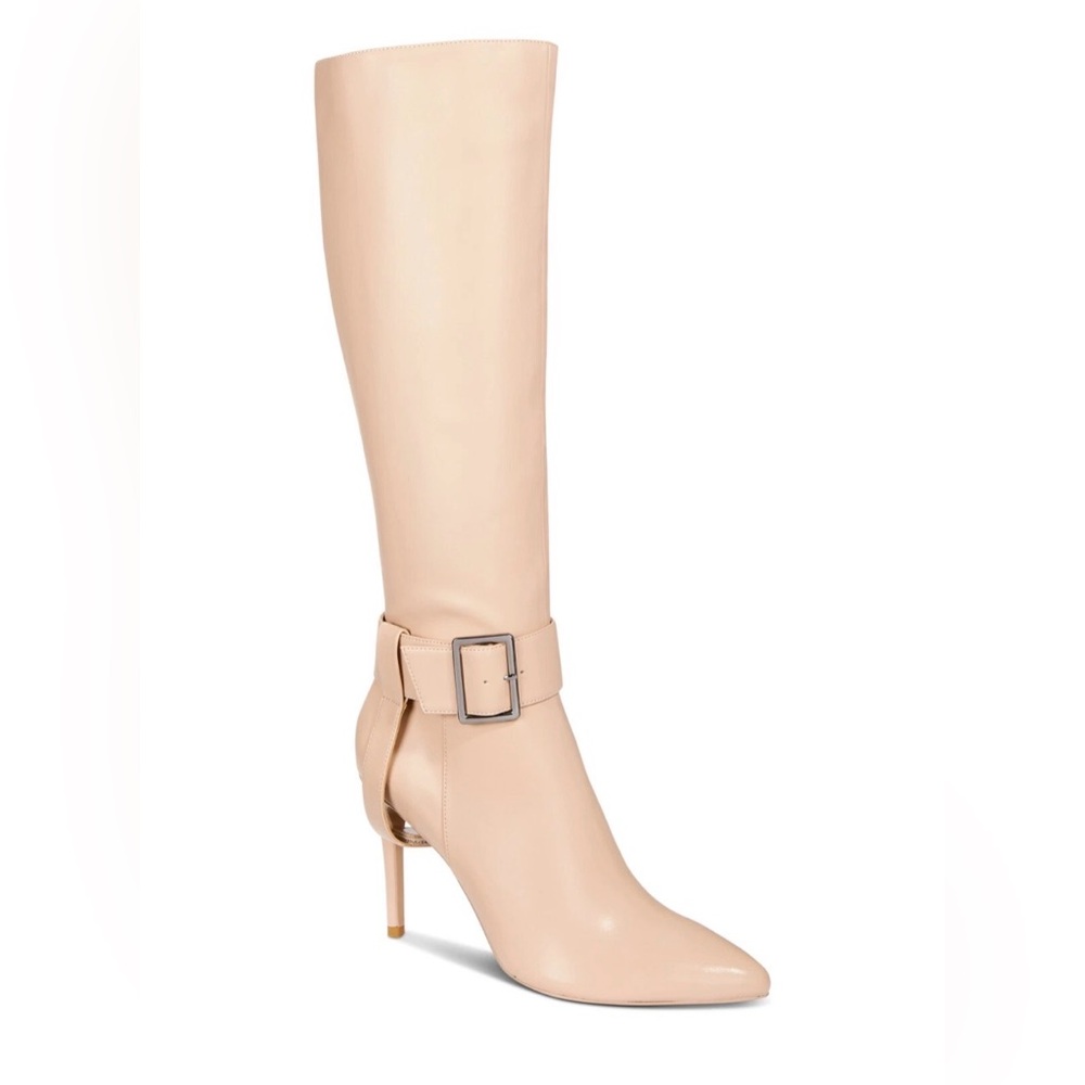 AAJ By Aminah Women's Ayida Pointed-Toe Buckled Tall Boots | Tan | 7 NWT